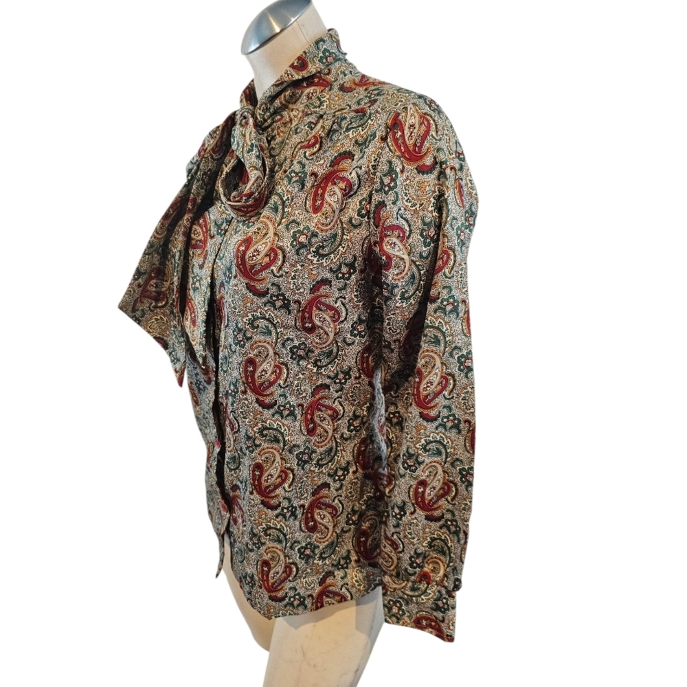 Vintage Laura Mae Life Press Size M Paisley Print Blouse with Bow Tie - Picture 3 of 6